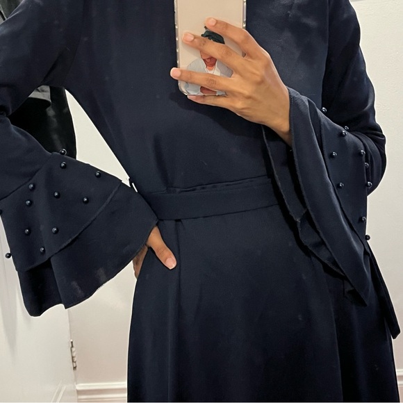 MIDNIGHT BLUE MAXI DRESS with Pearl work, bell sleeves and belt 🌌 - Picture 3 of 4